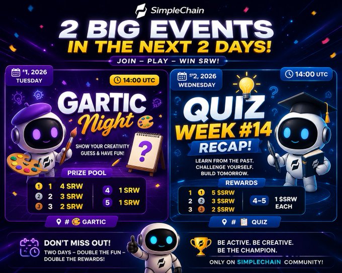 A promotional graphic for 'SimpleChain' announces '2 BIG EVENTS IN THE NEXT 2 DAYS!', detailing a 'GARTIC Night' and 'QUIZ WEEK #14 RECAP!' scheduled for Tuesday and Wednesday at 14:00 UTC.