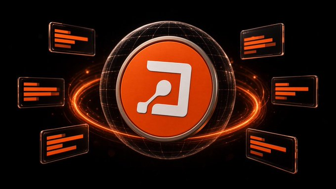 A 3D digital rendering of an orange circular icon featuring a white network node symbol, surrounded by glowing orange rings and floating data cards against a black background.