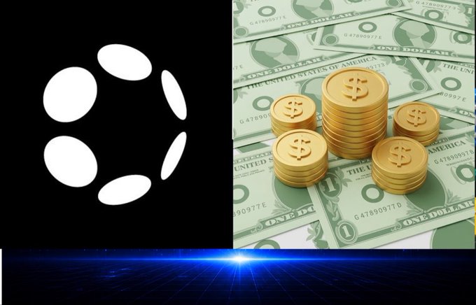 A split image with a black panel featuring a circular logo of white ovals on the left, and gold dollar coins stacked on US dollar bills on the right, all above a dark blue grid.