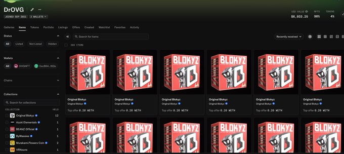 A screenshot of the DrOVG NFT collection dashboard on a marketplace shows a collection page displaying multiple identical 3D box images labeled "BLOKYZ - Original Bloky," with the collection's metrics showing 1,933 items, an USD value of $6,933.25, 98% OXE, and 4% TOKENS—indicating the dashboard view shortly after Dr.OVG's return to NFTs.

**Notable Details:**
- Collection name: "ZEROD EP. 2021"
- Listed/Hidden/Not Listed items shown under Status
- Wallets connected: OVGWFT and Oxc094_IN24
- Search bar visible: "Search for items"