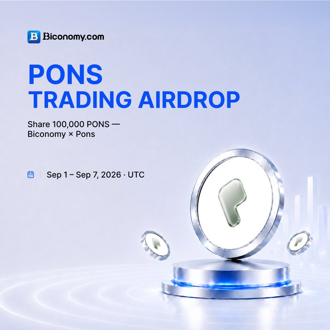 A promotional graphic for a "PONS TRADING AIRDROP" by Biconomy.com, sharing 100,000 PONS tokens from Sep 1 - Sep 7, 2026 UTC, featuring 3D coin renderings.