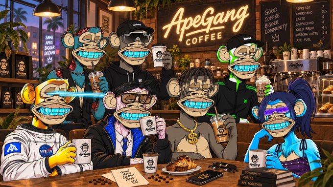 A vibrant digital illustration features several Bored Ape-style cartoon monkey characters gathered at a coffee shop, with a neon sign reading 'ApeGang COFFEE' and a menu listing drinks like Espresso, Americano, and Ape Fuel.