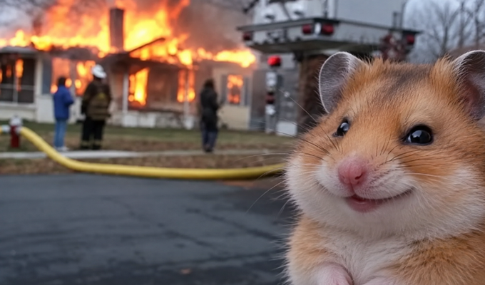 A close-up of a smiling golden hamster with bright eyes is digitally composited in the foreground of a scene showing firefighters and a house fully engulfed in flames.