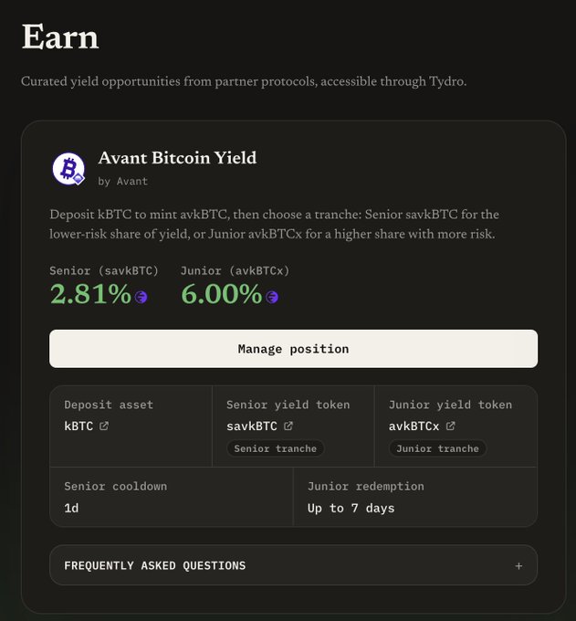 The image shows the Tydro Earn page for Avant Bitcoin Yield, displaying avkBTC with a 2.81% Senior (savkBTC) and 6.00% Junior (avkBTCx) yield option, requiring kBTC deposits.