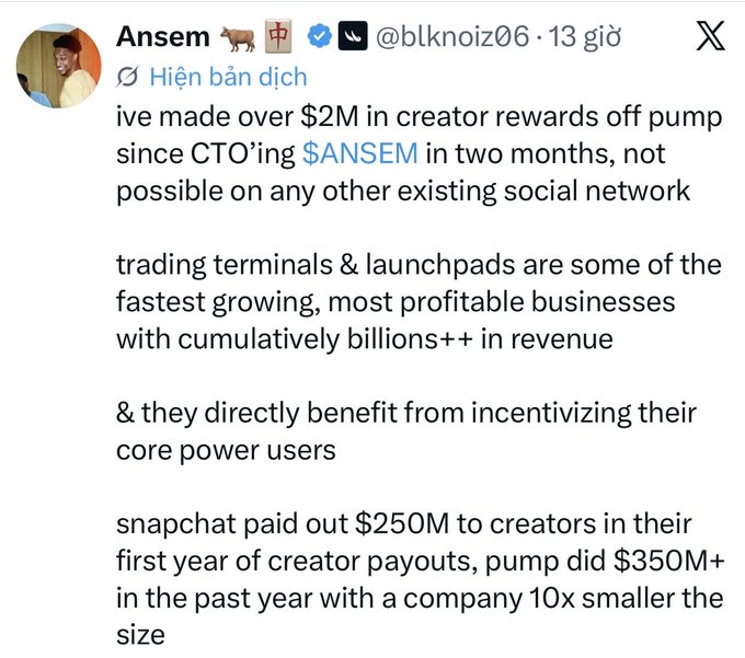 A tweet from user Ansem (@blknoiz06) stating 'ive made over $2M in creator rewards off pump since CTO'ing $ANSEM in two months' and discussing trading terminals, launchpads, and snapping's $250M vs pump's $350M creator payouts.