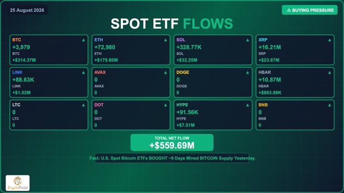A dashboard from CoinCodex showing "SPOT ETF FLOWS" on 25 August 2026, displaying a total net flow of +$559.69M with notable inflows for BTC (+$314.37M), ETH (+$179.80M), SOL (+$32.25M), and XRP (+$23.87M), alongside other assets like AVAX, DOGE, LINK, HBAR, LTC, DOT, HYPE, and BNB.