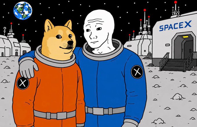 A digital illustration depicts a Shiba Inu dog character and a Wojak character wearing orange and blue SpaceX spacesuits respectively, standing on a lunar surface with a SpaceX base and Earth visible.