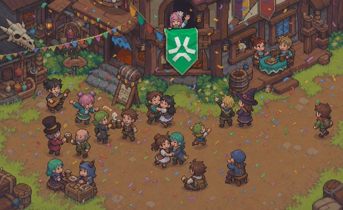 A pixel art scene shows a lively medieval village celebration with villagers enjoying drinks and festivities, centered around a building displaying a green shield emblem with a white symbol.
