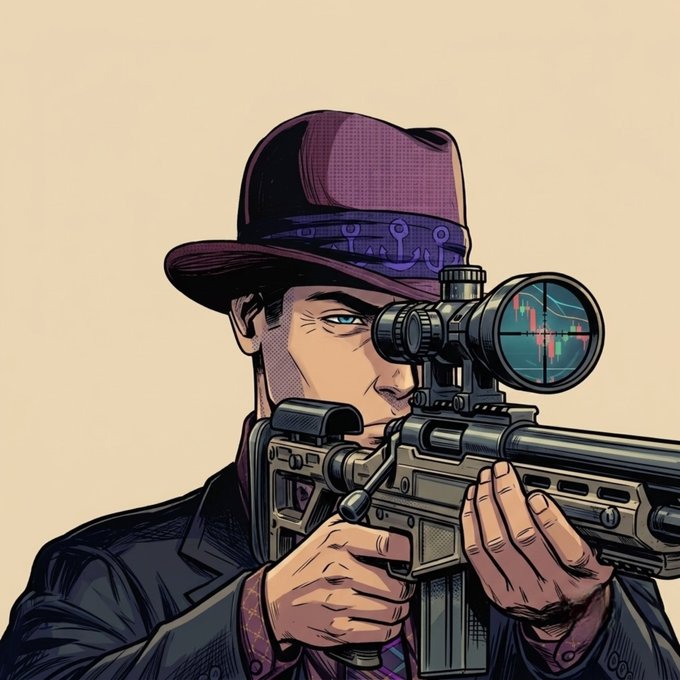 A man in a stylish purple fedora and tie aims a scoped sniper rifle, displayed against a stock chart in the crosshairs—a visual metaphor for "sniping" profitable trading opportunities.