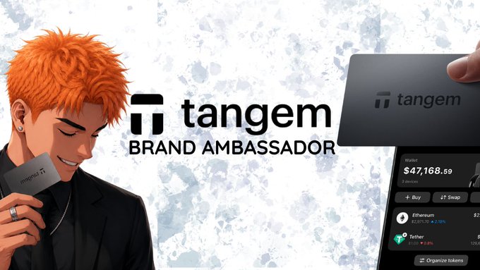 A promotional graphic featuring an anime-style character with orange hair holding a Tangem card, next to the 'tangem BRAND AMBASSADOR' text, a Tangem hardware wallet, and a phone screen showing a crypto wallet with a $47,168.59 balance holding Ethereum and Tether.