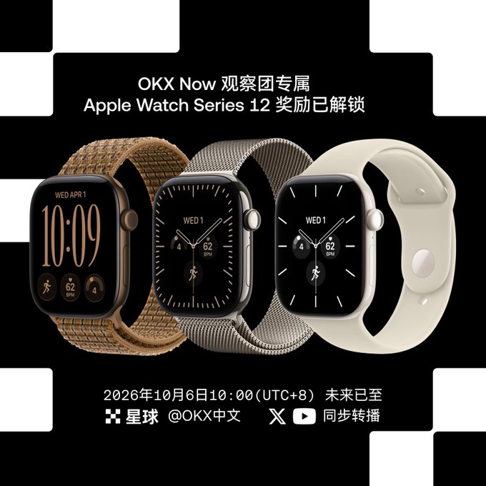 A promotional graphic featuring three Apple Watch Series 12 watches with different bands; text reads 'OKX Now 观察团专属 Apple Watch Series 12 奖励已解锁' and '2026年10月6日10:00(UTC+8) 未来已至', with social media handles @OKX中文 on X (Twitter), and a YouTube logo.
