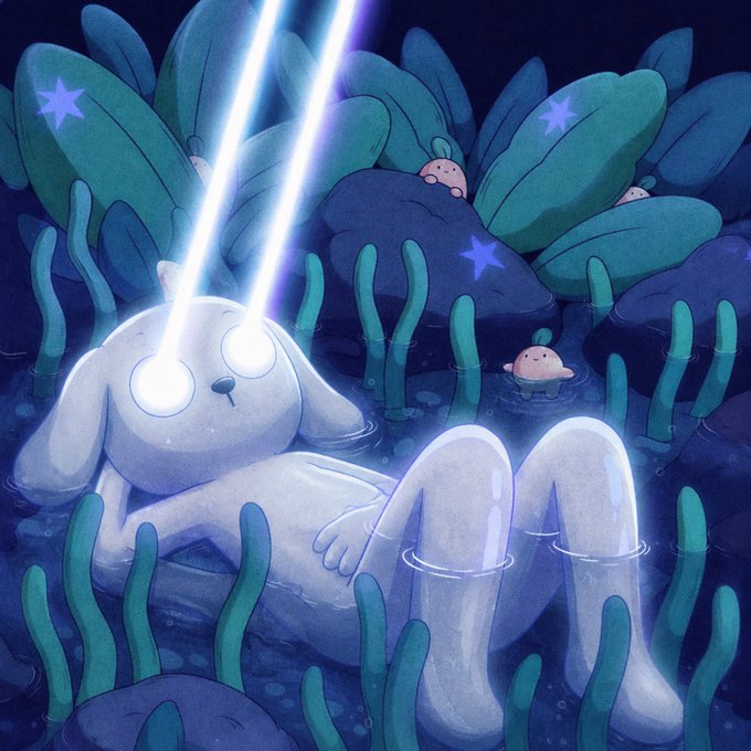 An illustration depicts a white, dog-like creature with glowing eyes shooting twin beams of light into the sky while resting in a dark, watery environment with blue stars and plant life.