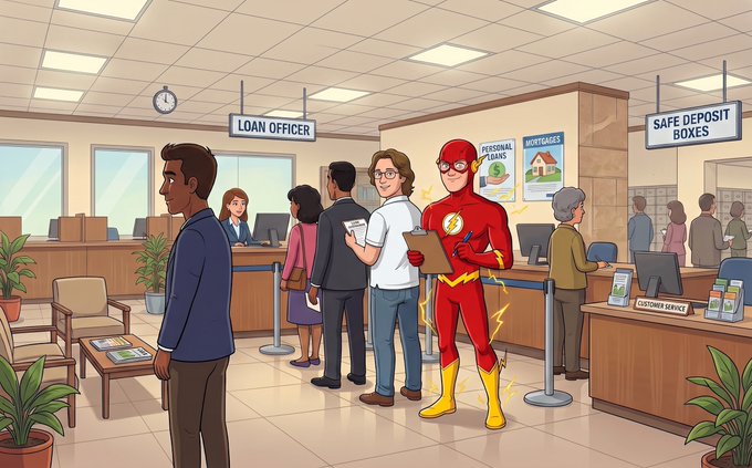 The image shows a cartoon bank interior where a customer in line, holding a coffee, is stunned as The Flash superhero bolts past him to receive instant service at the "Loan Officer" desk, with signs for "Personal Loans," "Mortgages," and "Safe Deposit Boxes" visible in the background. The scene humorously illustrates the speed and efficiency of Enso's new Flashloan Actions, comparing traditional banking wait times to the instantaneous nature of flashloans in DeFi.