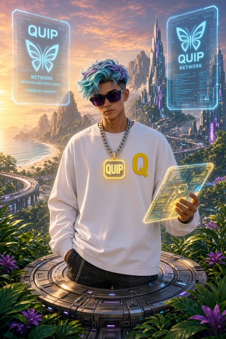 A digital artwork of a young person with teal hair wearing a white sweatshirt with a 'QUIP' logo, standing on a futuristic platform while holding a holographic tablet, with two 'QUIP NETWORK' holographic displays floating beside them.