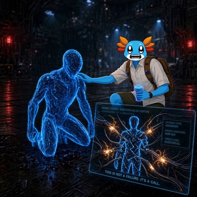 A digital artwork featuring a blue axolotl character in explorer gear touching a glowing blue holographic figure, with text reading 'SIGNAL ORIGIN: SUBTERRANEAN DEPTHS', 'ANOMALY TYPE: UNKNOWN', and 'THIS IS NOT A FAILURE. IT'S A CALL.'