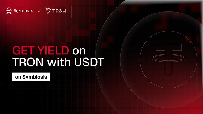 The image features a red background with white text that reads "Get yield on Tron with USDT" followed by a link to a website called "symbiosis". The website appears to be related to cryptocurrency, as indicated by the presence of the word "Tron" in the image description.
