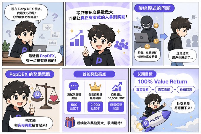 A six-panel Chinese-language infographic about PopDEX, discussing Perp DEX competition, traditional incentive problems, PopDEX's reward philosophy, first-season highlights (500 USDT feedback rewards, 2,000 USDT member rewards, 10,000 USDT trading rewards), and the long-term goal of '100% Value Return'.
