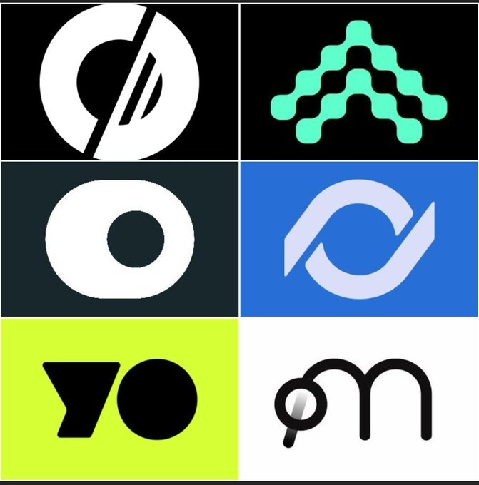The image features a grid of six different logos, each representing a company or brand. The logos are arranged in two rows of three against a black background. Each logo has its own distinct color scheme and design elements. The logos include a white circle with a black line through it (circle o), a blue triangle with a green line through it (circle o), an upward-pointing arrow, a blue square with a green line through it (circle o), a blue diamond with a green line through it (circle o), and a blue square with a green line through it (circle o). The logos are arranged in a grid format, making them easy to compare and contrast.