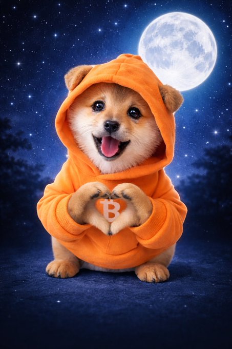 An AI-generated image of a smiling Shiba Inu dog wearing an orange hoodie, holding a heart-shaped token with a Bitcoin 'B' logo, set against a starry night with a full moon.