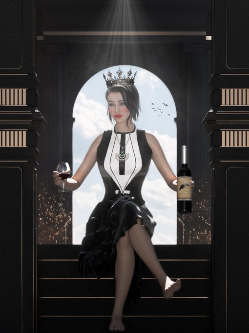 A digital artwork of a short-haired woman wearing a black and white dress and a crown, seated and holding a wine glass and bottle in a grand architectural setting.