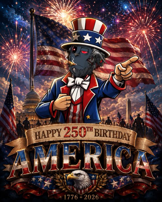 A patriotic 'Happy 250th Birthday America' graphic featuring a zombified Uncle Sam pointing forward, set against fireworks, the U.S. Capitol, American flags, and a bald eagle, dated '1776 - 2026'.