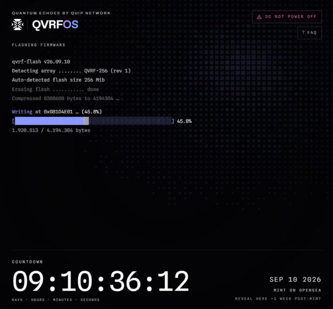 A dark screen displaying 'QUANTUM ECHOES BY QUIP NETWORK' and a flashing firmware process for 'qvrf-f v26.09.10' at 45.8%, featuring a countdown timer to 'SEP 10 2026'.