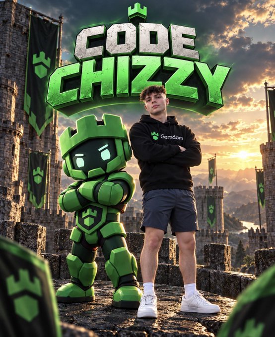 A young man wearing a "Gamdom" branded black hoodie stands confidently beside a green armored mascot character, with large stylized text reading "CODE CHIZZY" displayed above them in front of a medieval castle backdrop at sunset. The image appears to be promotional content for a "$15 SOL GIVEAWAY," likely using the "CODE CHIZZY" branding and Gamdom affiliation as part of the giveaway promotion.