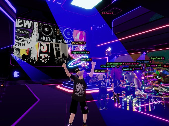 Screenshot from a virtual reality event in the metaverse showing avatars and usernames like aKIDcalledMAK, METAMIGER, CryptoM1ntaur, and PepeGawd in a neon-lit digital environment.