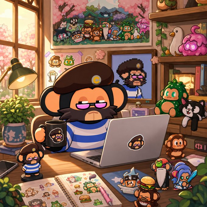 A cartoon monkey character with a beret and mustache works on a laptop at a desk, surrounded by figurines, posters, and collectibles in a cozy, plant-filled room.