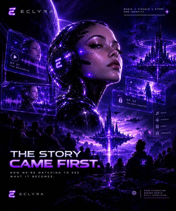 A striking promotional graphic for **ECLYRA** ("Music × Visuals · Story · One Identity") features a futuristic purple-and-black cybernetic figure alongside floating UI panels labeled "EP. 01: THE BEGINNING" and "EP. 02: THE NEXT CHAPTER," set against a sci-fi cityscape with the headline "THE STORY CAME FIRST. NOW WE'RE WATCHING TO SEE WHAT IT BECOMES." The image visually mirrors the post's idea of Eclyra as a multi-layered character that audiences don't just watch but follow through music, visuals, episodic storylines, and community engagement.