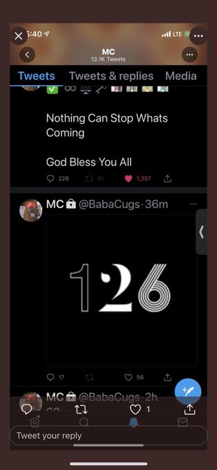 A Twitter screenshot shows @BabaCugs posting "Nothing Can Stop Whats Coming / God Bless You All" followed by a striking image of the number "126" with what appears to be a moon hidden within the digits. The accompanying context reveals this is a cryptic reference to the date October 26 (10/26), connecting back to a 2021 prediction about 2026 events in the XRP/TikTok community.
