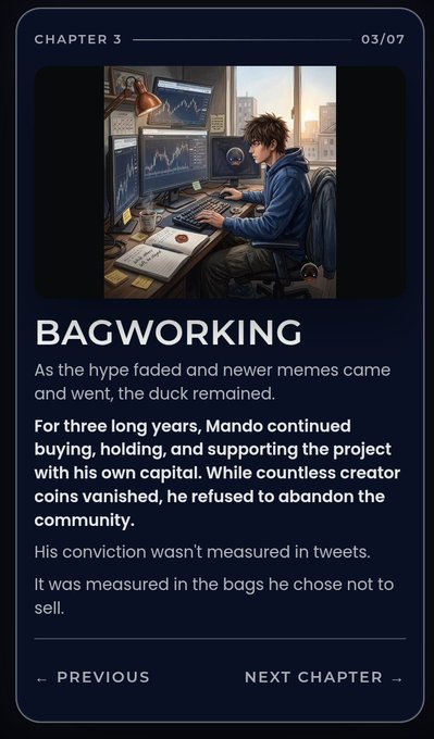 A chapter card titled "BAGWORKING" (Chapter 3 of 7) featuring illustrated artwork of a trader at multiple monitors, telling the story of Mando holding through three years.