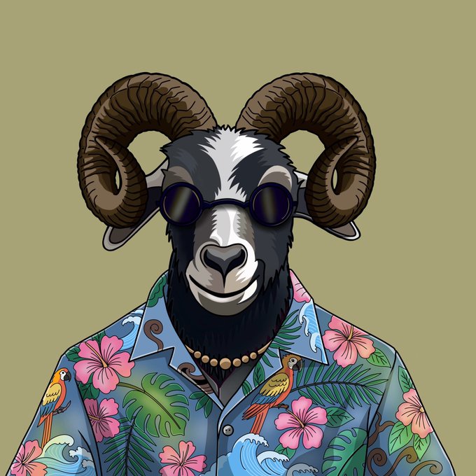 A stylized illustration of a ram wearing round sunglasses and a tropical floral Hawaiian shirt, perfectly personifying the "GOAT" theme of the airdrop post. The cool, confident ram embodies the celebratory and playful spirit of nominating top community members for the $GOAT token giveaway.