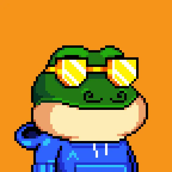 A pixel art character wearing a green frog hat with orange sunglasses, a blue hoodie, and holding up a peace sign, set against an orange background. The image relates to the post by featuring the iconic Bitcoin Frogs NFT collection mascot, which is an Ordinals-based project on the Bitcoin blockchain.