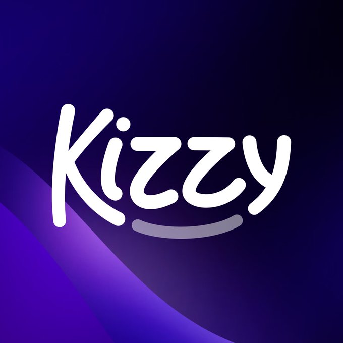 A logo design featuring the word 'Kizzy' in white stylized text with a subtle smile underneath, displayed on a purple gradient background.