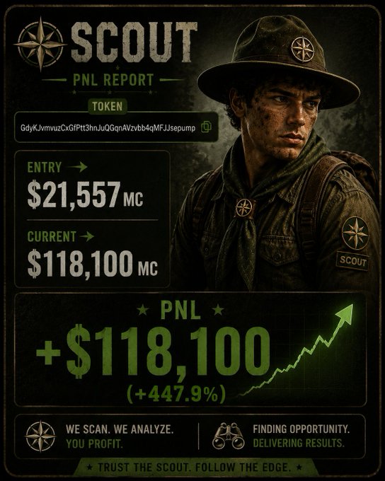 The image features a poster for a movie called "Scout", which has a man wearing a hat standing next to a green background with white text. The poster also includes information about a cryptocurrency called Solana, as well as a report on the Scout PNL token and its performance in the market.