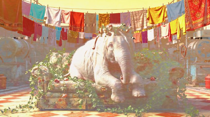 A whimsical scene featuring a white elephant lying down on a checkered surface with colorful laundry hanging on lines in the background.