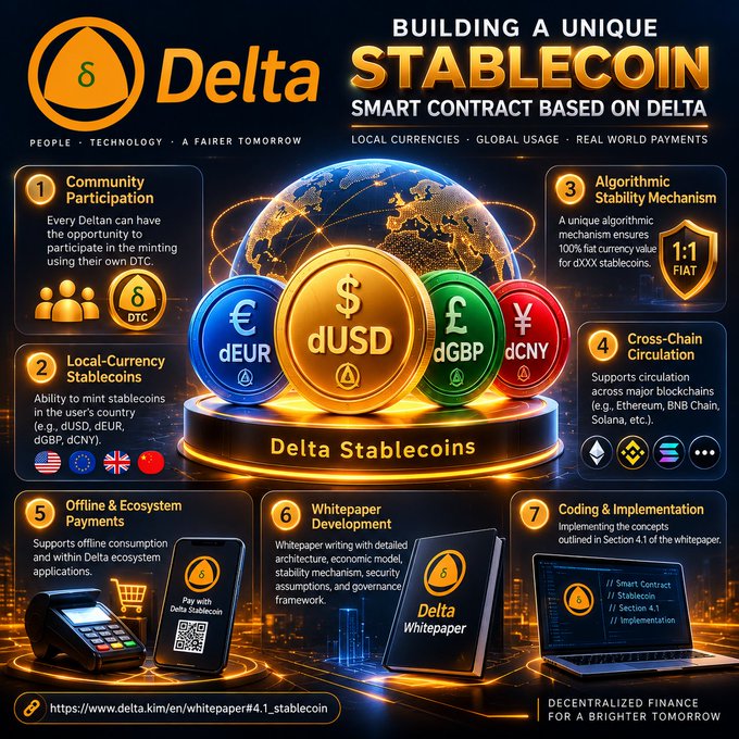 A promotional graphic for 'Delta Stablecoin' highlighting features like community participation, local-currency stablecoins (dEUR, dUSD, dGBP, dCNY), algorithmic stability, and cross-chain circulation, with the URL delta.kim/en/whitepaper4.1_stablecoin.