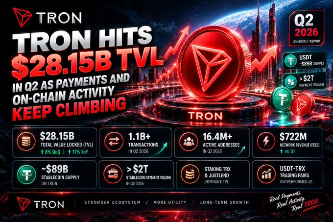 A TRON Q2 2026 Quarterly Report infographic celebrating $28.15B Total Value Locked (TVL), highlighting metrics like 1.1B+ transactions, 16.4M+ active addresses, $722M network revenue, and ~$89B stablecoin supply.