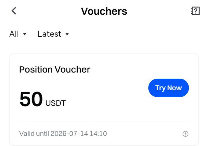 A Gate.io "Vouchers" page displays an available "Position Voucher" worth 50 USDT, valid until 2026-07-14 14:10, with a "Try Now" button to claim it—confirming the receipt of the $50 Position Voucher on Gate Exchange.