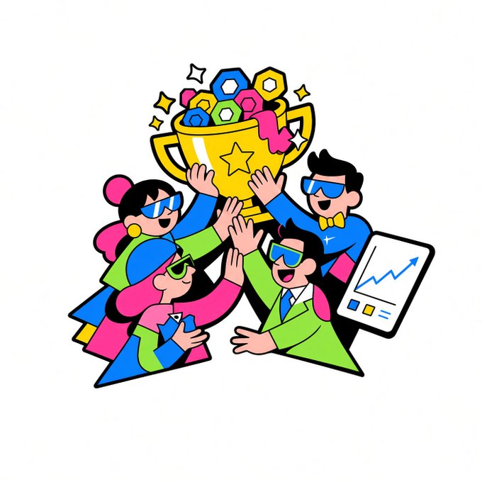 A colorful cartoon illustration of four diverse people in business attire and sunglasses celebrating while holding up a golden trophy filled with hexagons and gems, with one person holding a chart showing upward growth.