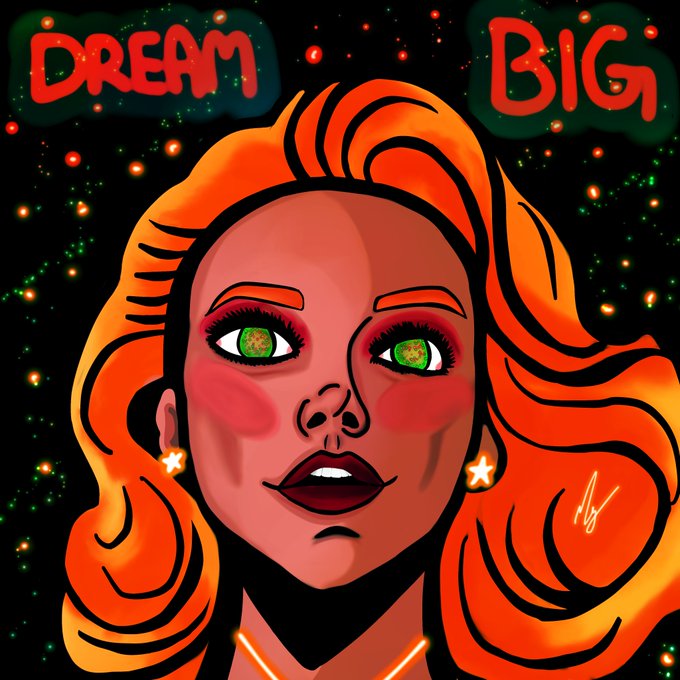 A stylized digital illustration features a woman with vibrant orange hair, green eyes, and star earrings, with the words 'DREAM' and 'BIG' in red above her.
