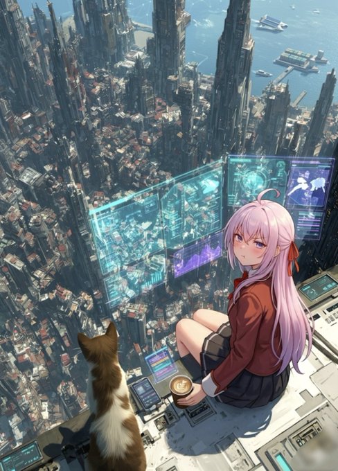 The image features a girl sitting on top of a building with her cat by her side, both looking out over an urban landscape filled with tall buildings. The girl appears to be wearing a red jacket while holding a cup of coffee. There are several boats visible in the background, suggesting that they might be overlooking a body of water or harbor. 

The post is about a large-scale feedback loop system called River Dot Inc., which is designed to facilitate Minting, staking, posting, and other activities through the River Pts system. The girl's presence on top of the building with her cat by her side could be interpreted as an artistic representation of this interconnected system or simply a moment captured in their daily lives.