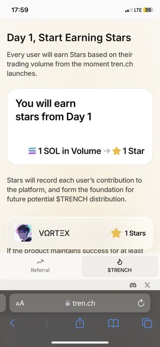 A mobile screenshot for tren.ch titled "Day 1, Start Earning Stars" explaining that "1 SOL in Volume → 1 Star", with a user named VORTEX earning 1 Star.