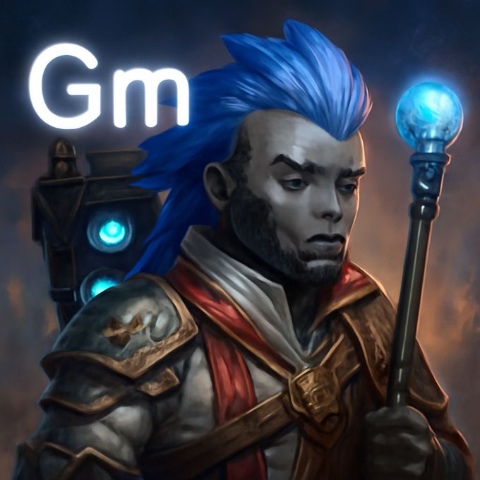 A fantasy illustration of a blue-haired warrior character with the text 'Gm' (Good morning), holding a staff with a glowing blue orb.