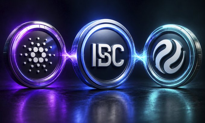 A 3D graphic featuring three glowing circular tokens, with the central token displaying 'ISC' in metallic letters.