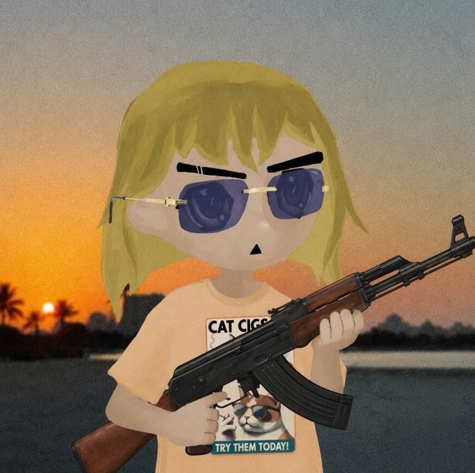 An anime-style illustration of a blonde character wearing blue sunglasses and holding an AK-47 rifle, set against a sunset background.