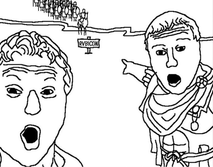 A black-and-white illustration shows two surprised-looking men in the foreground reacting with open mouths and wide eyes, while in the background a crowd gathers behind a sign reading "RVBYCN DN." The exaggerated shocked expressions humorously reflect the post's tone of astonishment and excitement over the Cardano network's milestone, playfully titled "One block for Dingo."