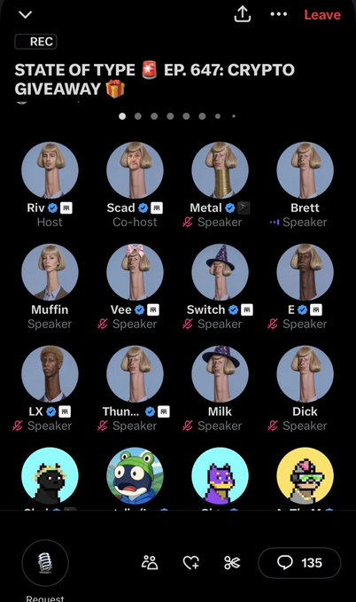 A screenshot of a Twitter Space titled 'STATE OF TYPE EP. 647: CRYPTO GIVEAWAY' featuring multiple speakers displayed as identical avatar figures.