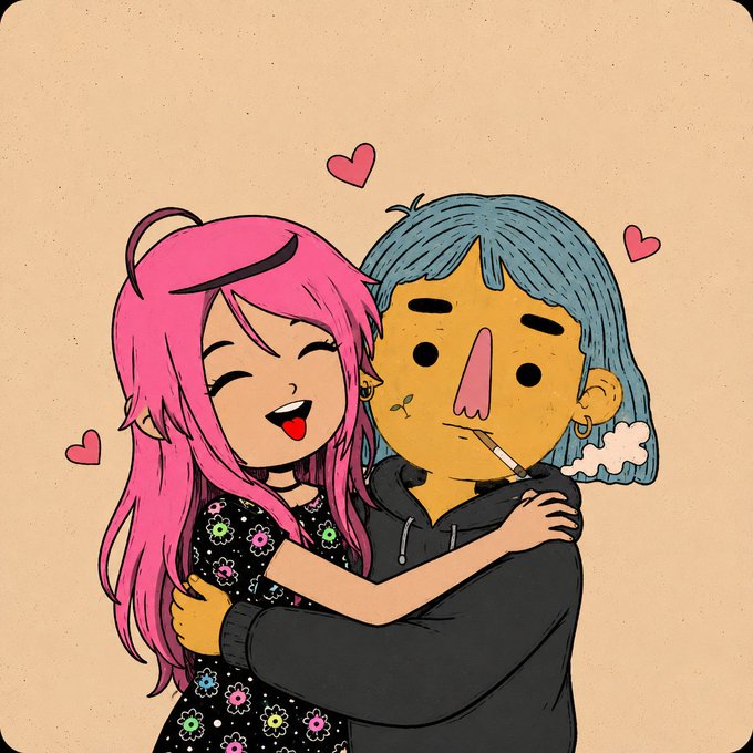 A cartoon-style illustration shows a joyful pink-haired girl hugging a blue-haired character smoking a cigarette, surrounded by floating hearts, depicting a warm and playful moment that reflects the "big love" and collaboration spirit mentioned in the announcement with HoodChicksNFT and UnusualNFTs.